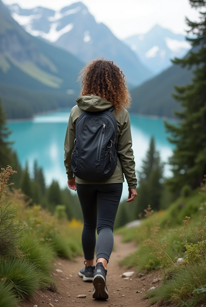 Peux tu faire une femme avez le cheveux frisé matte de peau que l’on voit de dos en train de randonner dans un paysage magnifique avec un lac et la montagne
Elle porte une tenue de sport
La photo doit être réaliste naturelle