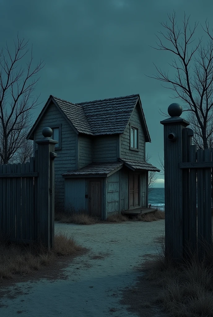 Generate an image for me where there is a long house with a flat roof, where one part is divided by a corral-type corrugated iron door, y la otra con una puerta 🚪de madera pero que sea mas extensa, and that house must be protected with a high black fence that covers the house , and that fall must be out of the sea, and should have oersonss, The house should not be on rocks but in the sea itself but outside, kind of on the shore, and the gate must be higher than the edge of the house , the house must be facing the sea, The house that looks abandoned has two divisions, one with a metal door that has already fallen down and the other is larger., There are no trees, and it's night, The fence must be made of metal, as if abandoned, and not cover the entire house but part of the front.