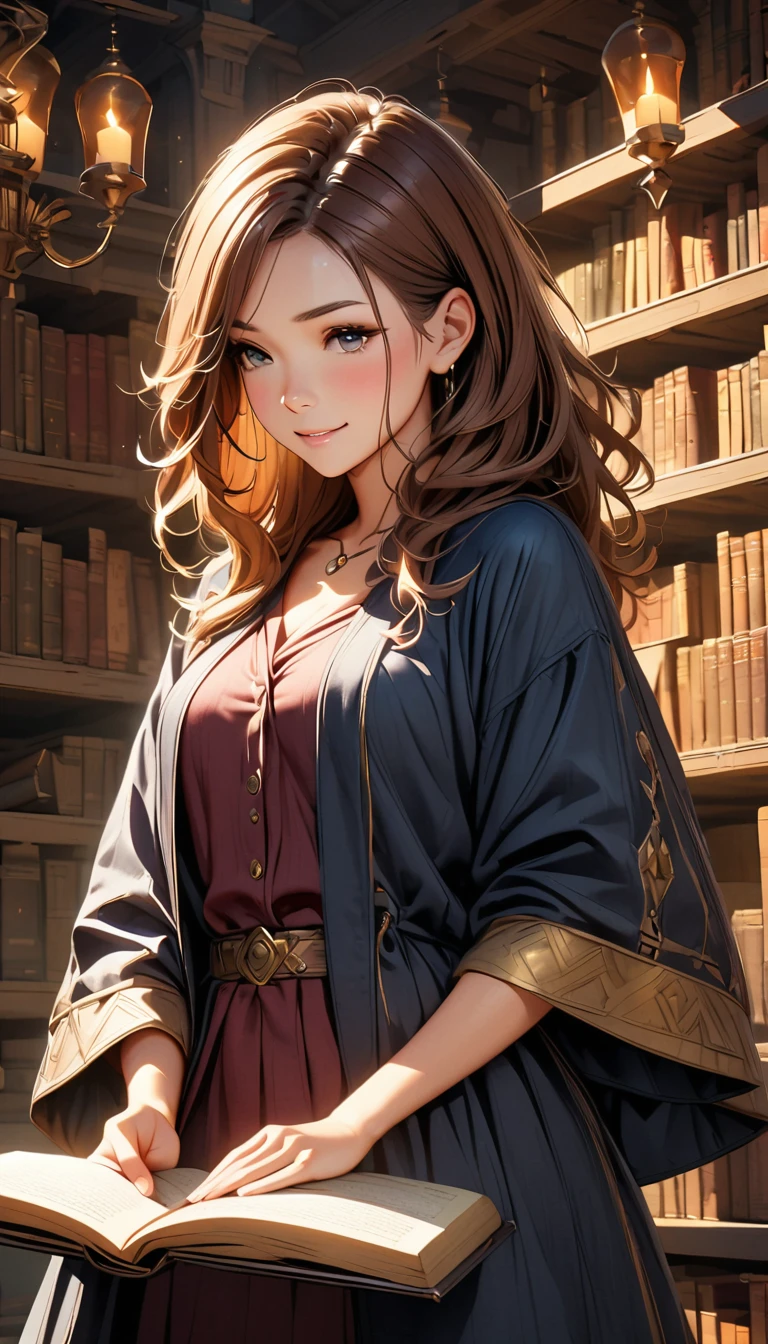Subject: Beautiful young female apprentice wizard.
Appearance: Long chestnut brown hair, expressive hazel eyes, shy smile.
Attire: Deep blue robe with silver accents.
Setting: Ancient library with towering shelves of spell books, glowing orbs, and floating candles.
Mood: Enchanting, mysterious, warm, and inviting.
Art Style: High fantasy, realistic textures, soft golden lighting.
