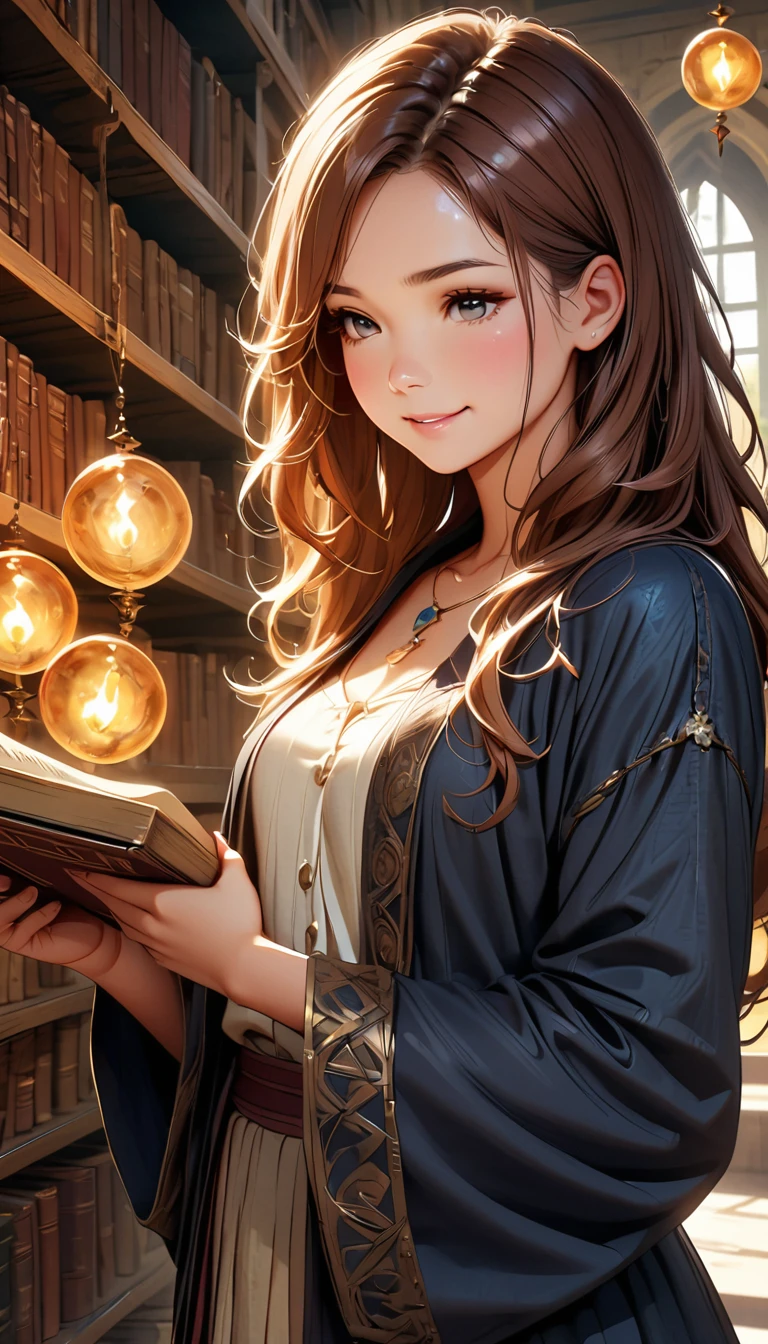 Subject: Beautiful young female apprentice wizard.
Appearance: Long chestnut brown hair, expressive hazel eyes, shy smile.
Attire: Deep blue robe with silver accents.
Setting: Ancient library with towering shelves of spell books, glowing orbs, and floating candles.
Mood: Enchanting, mysterious, warm, and inviting.
Art Style: High fantasy, realistic textures, soft golden lighting.