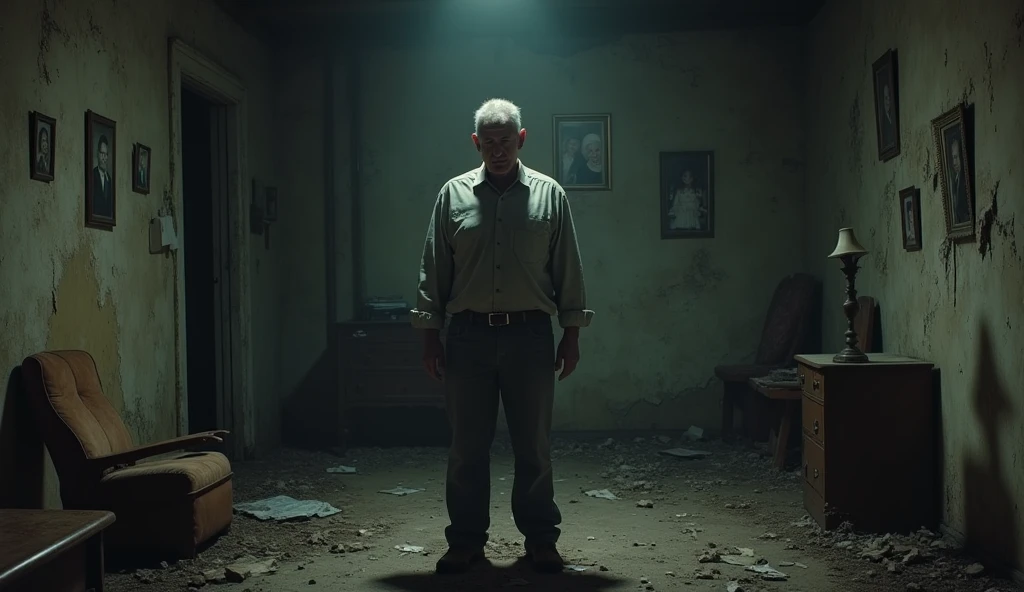 Create a realistic image wher :A figure man standing in a dilapidated room with family photos on the wall, the room dark and crumbling, but a faint light shines on the person’s determined face, showing resilience.