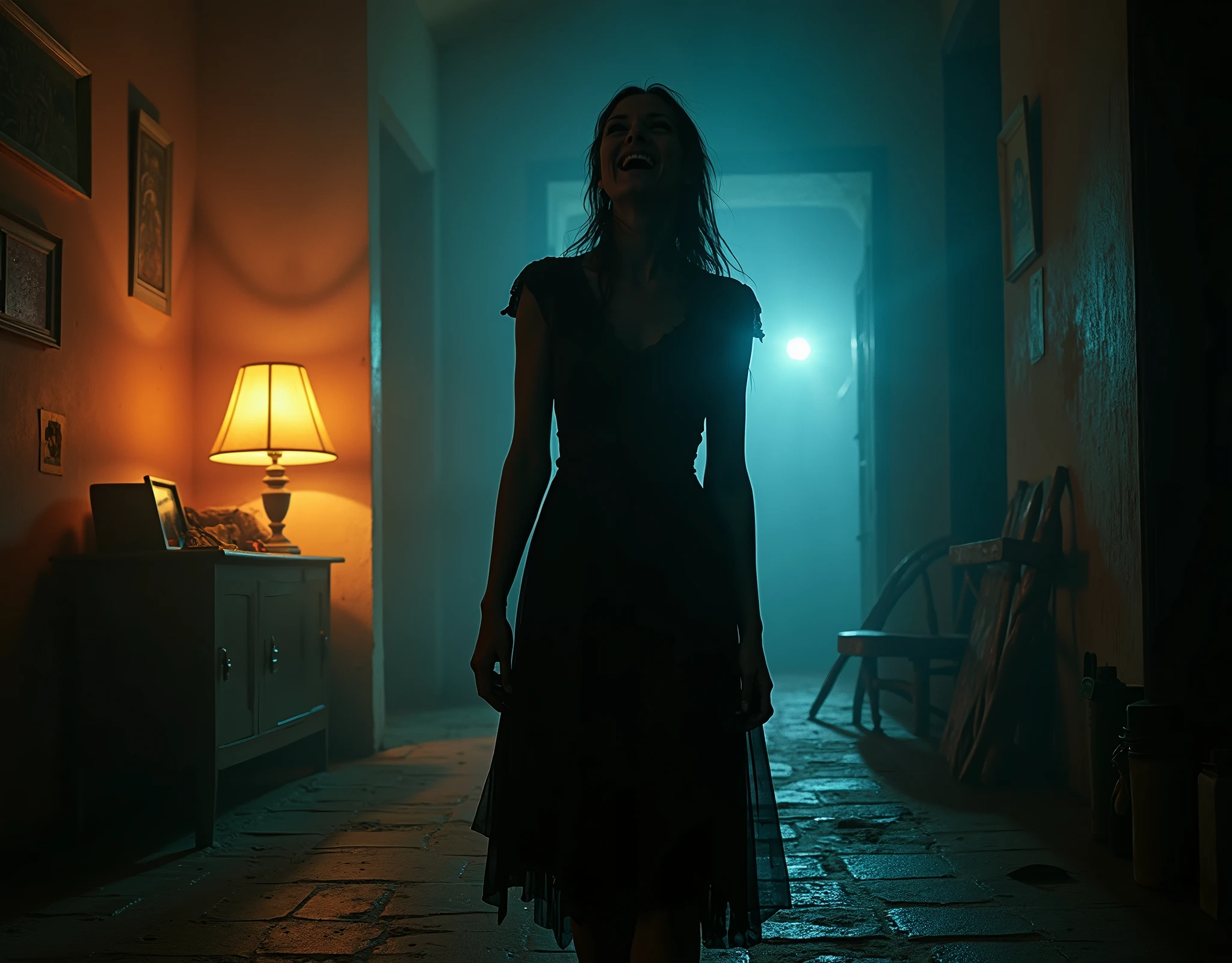 (horror movie aesthetic, eurohorror, fumetti comic book style, exploitation film style, retro, dim blue and orange diffused back lighting, cinematic lighting, Technicolor, volumetric lighting, lurid vivd colors, HD, 8x) Italy, old village, sexy evil nanny killing children, laughing, fear, pain, blood, blood spatter, dead bodies, ropes NSFW, wearing black dress, old lamps, dull yellow light, dead pets, blood, knives