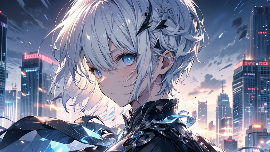 Silver hair short cut、Ability to predict the future Appearance: Silver short hair、Cold blue eyes、Stylish Armor Abilities: Predict the future、Takes the initiative in battle: Cool and calm、It takes time to trust people Background: Raised as the guardian of the future city，There is a black cat nearby
