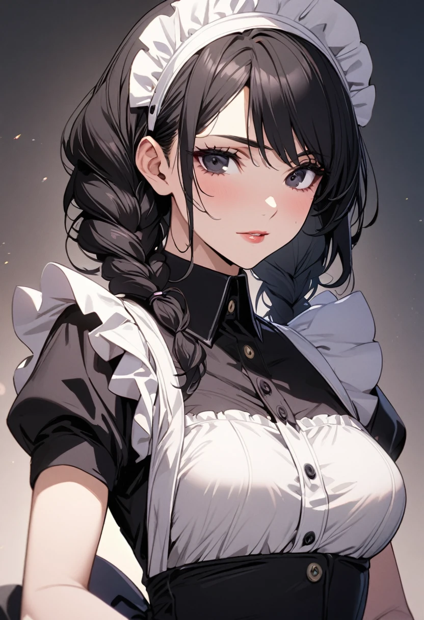 girl, mature, black hair, black eyes, beautiful, beautiful eyes, beautiful color, high detail, low double plait hair, maid, cool