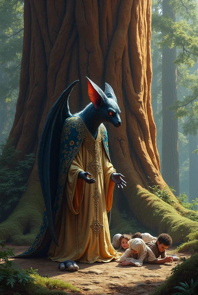 Anthropomorphic bat cleric healing the sick. At the base of a giant redwood tree