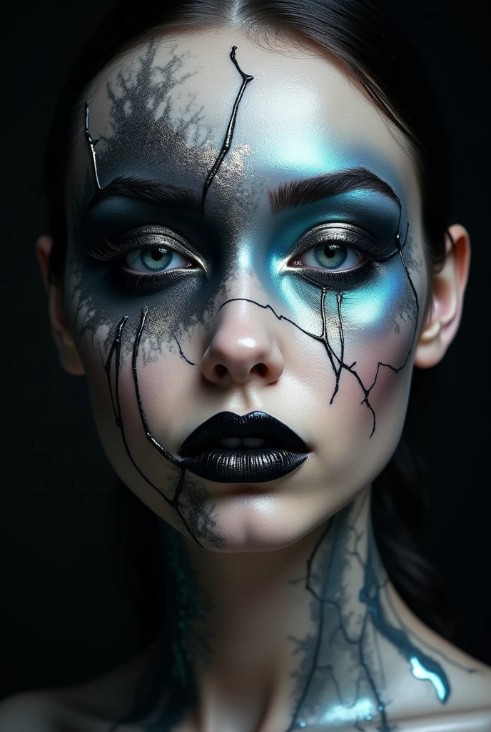 Create dramatic themed makeup art "Captivity and Liberation". Start with a matte skin foundation, textured with cracks in gray and dark brown, symbolizing oppression. in the eyes, Apply dark shadows (black and gray) with black eyeliner tracing lines like cracks and tears, and add red to the edges. On the eyelids and eyebrows, use iridescent metallic tones (ice blue and silver) to symbolize hope. Paint one eyebrow black and the other silver. on the lips, make a gradient from deep black to light pink. Draw broken and undone strands along the face and neck, with metal fragments. Use dark glitter and shimmer pigments to accentuate the release. Lighting should create a dramatic contrast between dark and bright areas., highlighting the duality of the theme.