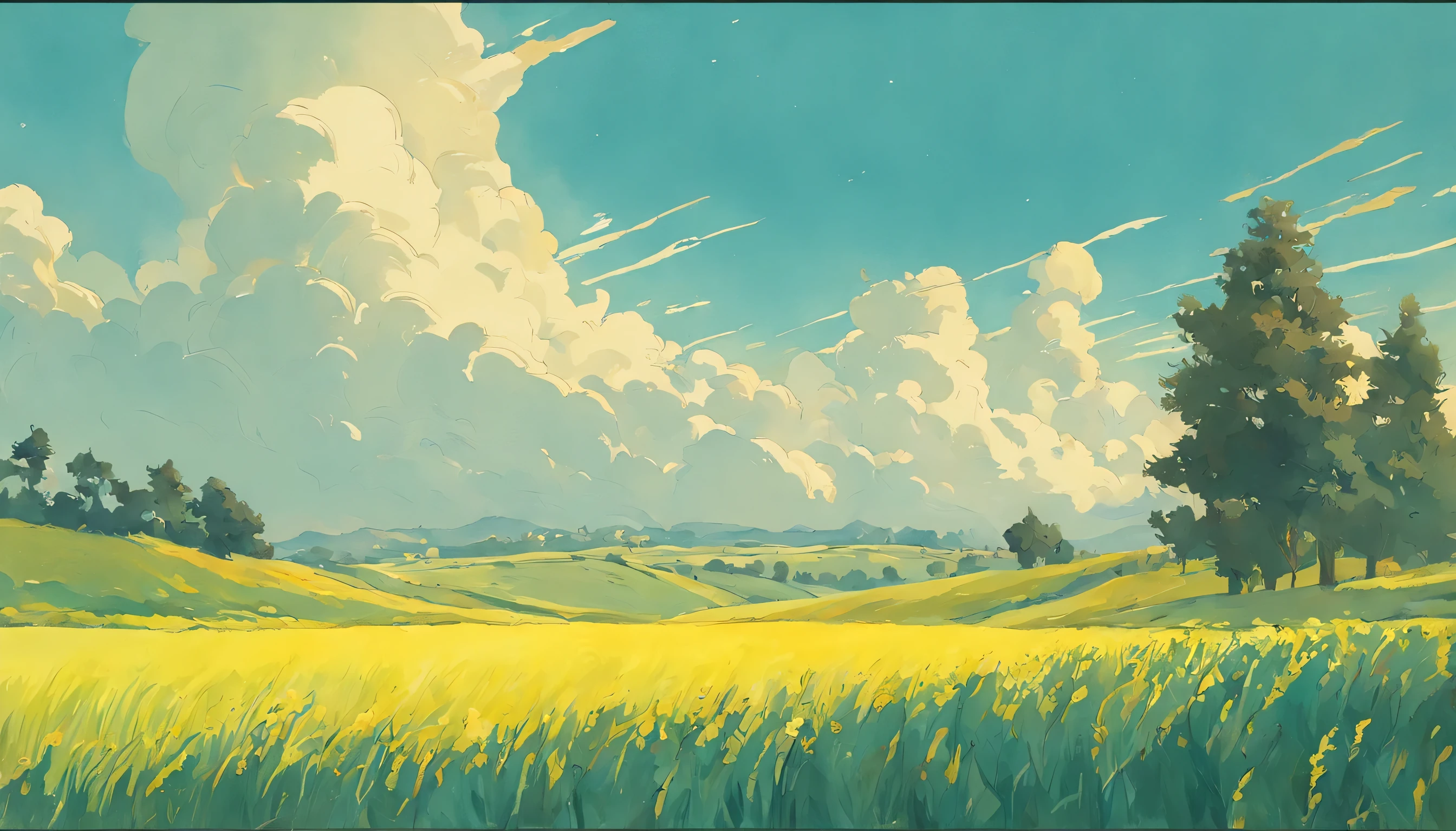 A painting depicting green fields and cypress trees, Voigtlander style brilliant, Sky blue and yellow, Trompe l&#39;oeil illusion detail, Constantinos Patnis, Desert Gustav, Louis Rhead, Impressive skies