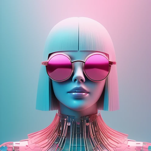 3D illustration of upper body and face of artificial intelligence model wearing futuristic glasses, Stylish glasses with tassels,Gradient background, Pastel color palette, pink blue, Simplicity, cold metallic textures, Surrealism,