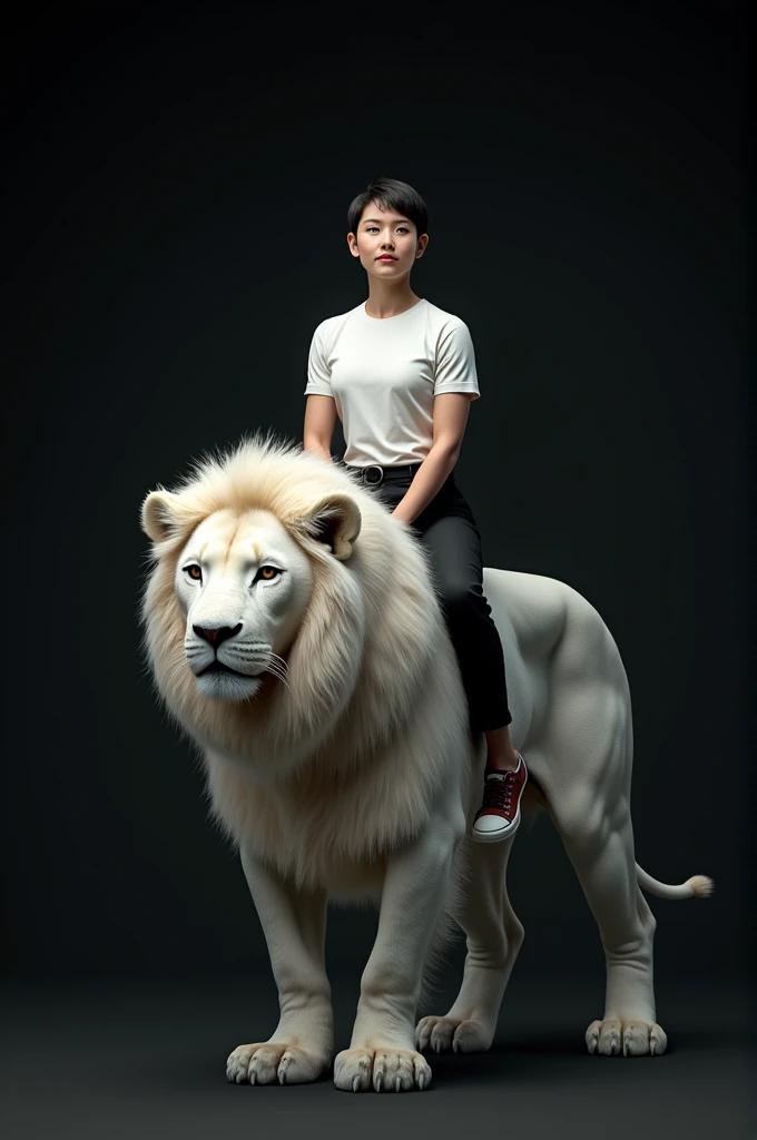 A person is wearing white t-shirt and black ton pant and sitting on white lion with black background ai image