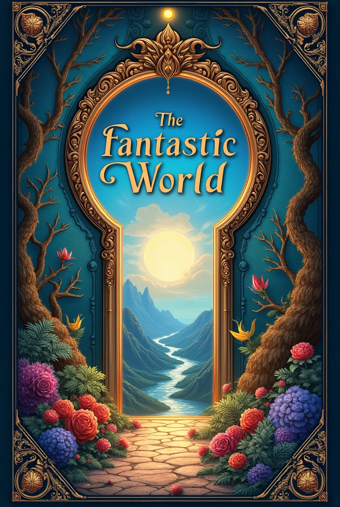 Book cover with the title "the fantastic world" com lettering, with the illustration of an opening portals