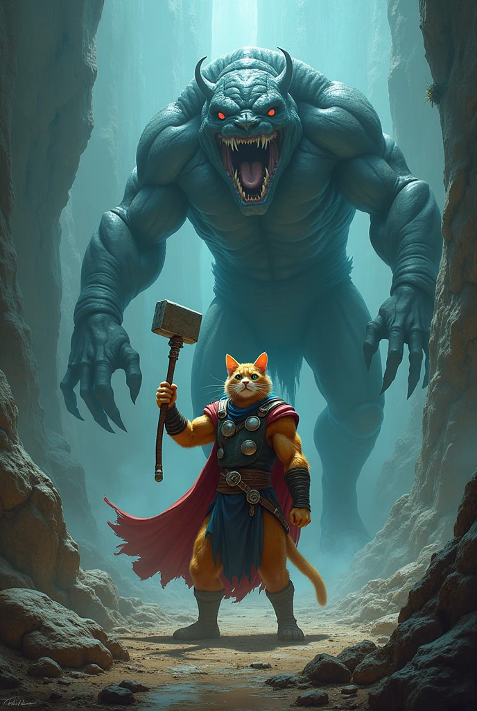 **Scene 9: Thorcat Faces Aliens**
- Thorcat faces off against giant, monstrous aliens with glowing eyes and menacing fangs. Thorcat stands tall and brave, hammer raised, ready for battle. The alien landscape is futuristic and eerie.
