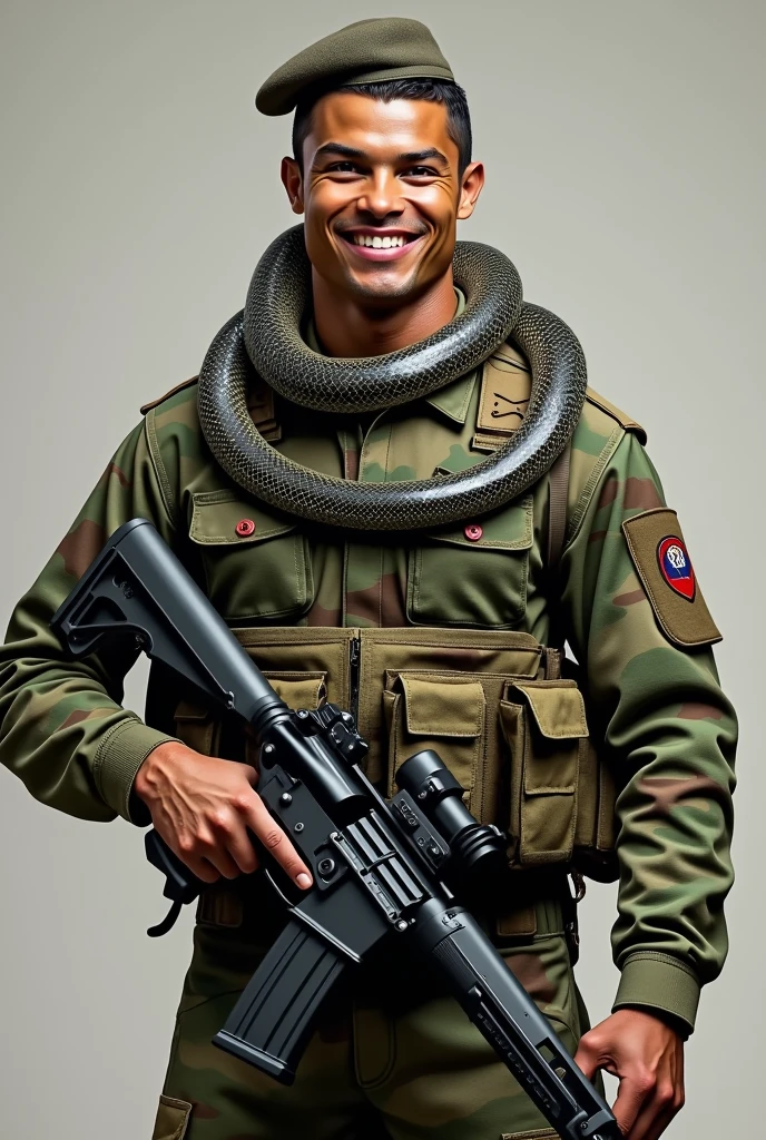 Cristiano Ronaldo in the camouflage uniform of the Paraguayan infantry (including the camouflage chapeu hat and a T65-k2 rifle) full body and smiling and a viper around the neck 