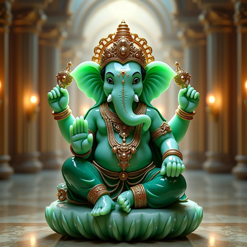 Statue of Lord Ganesha Made of Jade, Adorned with Jewels and golden ornaments in a majestic and heavenly templeMasterpiece, Quality, High Details, Super Detailed, UHD, Best Quality, Award Winning, High Resolution,
