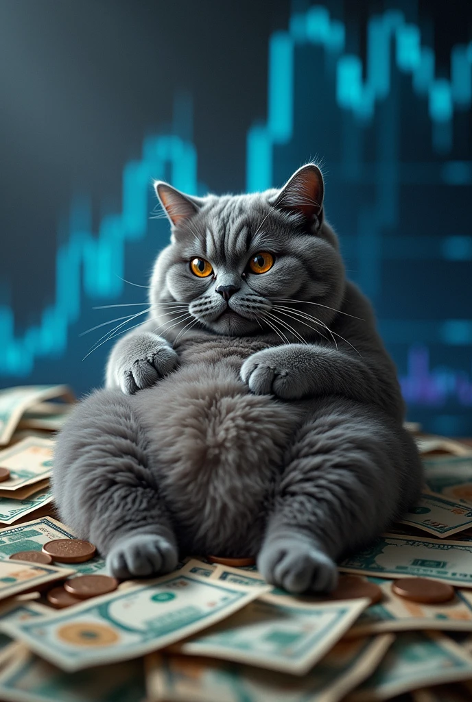 A fat gray cat sleeps with its eyes open on a pile of money and a blue and gray Forex chart background.