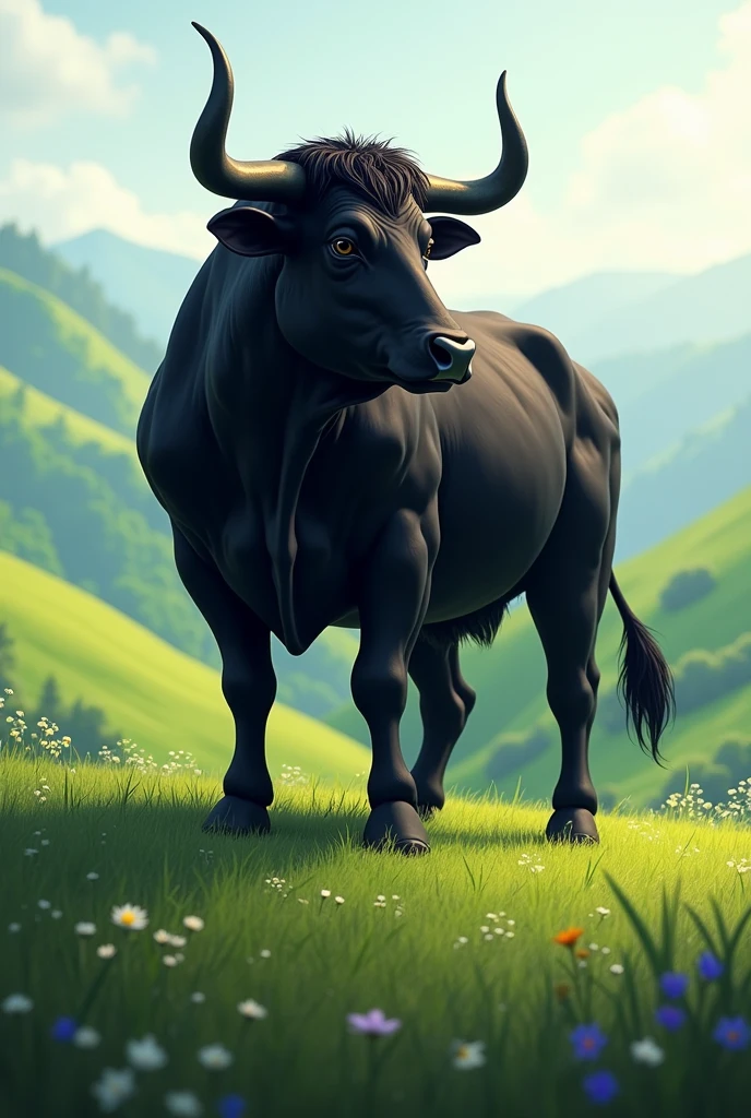 Black bull, on a green hill