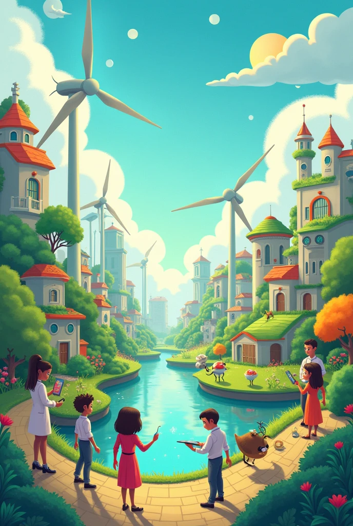 Design a vibrant and enchanting poster in a Disney-inspired art style with the theme 'Science, Technology, and Innovation: Partners for a Stable, Comfortable, and Secure Future.' The poster should feature animated, whimsical characters as diverse scientists, engineers, and inventors. Include elements like charming wind turbines, solar panels, and a futuristic, fairytale-like city with eco-friendly architecture. Add friendly robots and magical gadgets that symbolize innovation. Surround the scene with lush greenery, adorable animals, and sparkling clean water to represent environmental sustainability. Use bright, pastel colors, with a fantastical sky, and make sure the overall feel is optimistic, fun, and inspiring, capturing the magical essence of Disney's storytelling.

Create a vibrant and dynamic illustration showing the theme 'Science, Technology, and Innovation: Partners for a Stable, Comfortable, and Secure Future.' Include elements representing green energy, like wind turbines, solar panels, and a smart city with eco-friendly buildings. Show scientists and engineers working together, with diverse individuals using technology, like tablets or robots. Include elements like plants, trees, and clean water to symbolize environmental sustainability. Make the scene look hopeful and forward-looking, with bright colors and a clear blue sky, conveying a sense of progress and innovation leading to a better, greener future."

