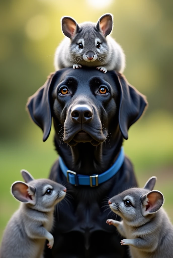 Black Labrador with a blue collar and a grey chinchilla on his head next to another black chinchilla