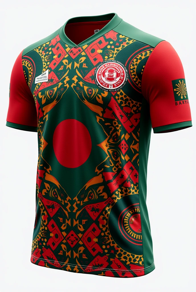 A football jersey using traditional marks of Bangladesh, unique, From front, attractive, no logos, no texts, no human, only jersey