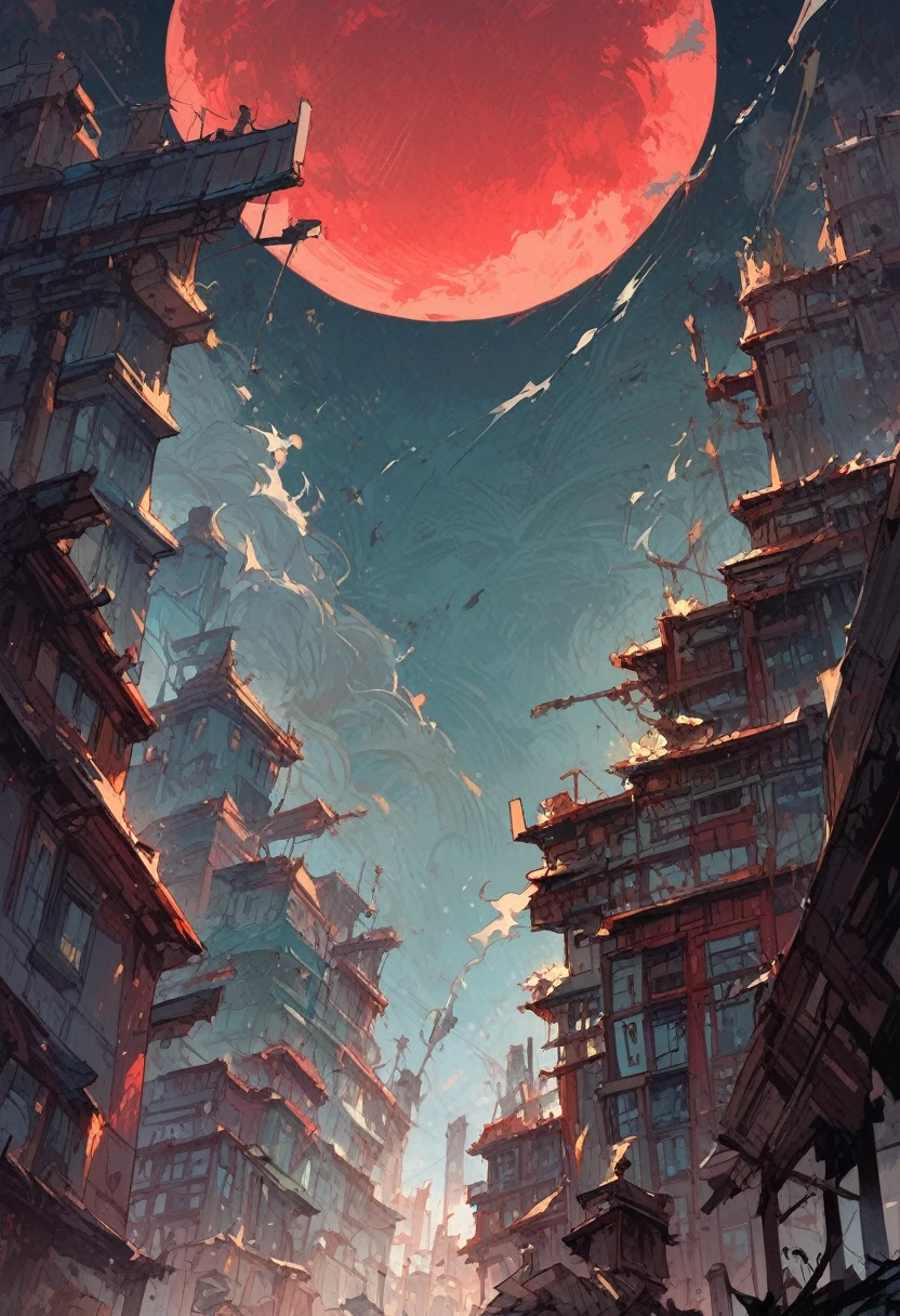 score_9, score_8_up, score_7_up, score_6_up, A city with red and blue buildings, smoke, and a red moon