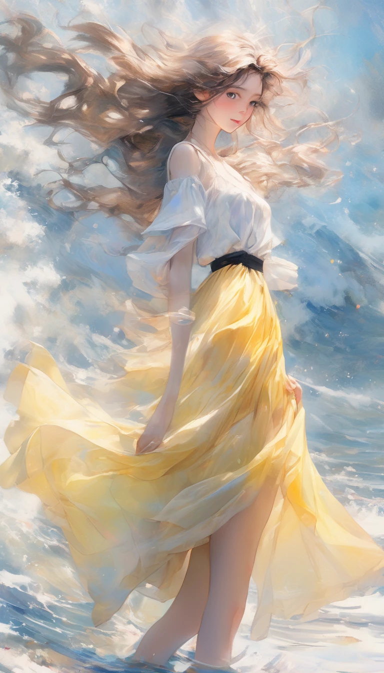 best quality, Super Fine, 16K, Extremely detailed, Delicate and dynamic, Beautiful woman, Delicate pupils, sit, Beautiful posture, Fusion of watercolor and oil painting, Beautiful appearance, Excellent body proportions, Three-dimensional effects achieved through light and shadow, The effect is striking, Rainbow Gem Dust, wind, wind effects, modern Art, Background Light Color 1 Girl, Transparent water, Yellow skirt, Sparkling Girl,whole body,Sunlight,Clear face,Clean white background,masterpiece,Super Detail,Epic composition,Extremely detailed,Official Art,8k wallpaper,Super Detail,32K,Long hair,Brown hair,Large petals,微wind,chiffon,black eyes,Gorgeous hair accessories,Girl holding flowers,high resolution, Break,moonlight,chiffon,Gorgeous clothes,masterpiece,Epic Works,Clean background,Flowing sleeves,front