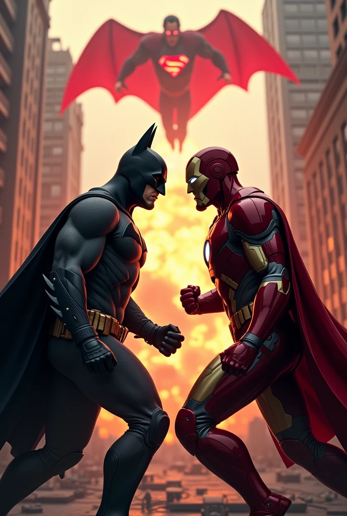 Batman vs Ironman face off. Make explosion and alines behind. And red eyes Superman flying in the middle in air.