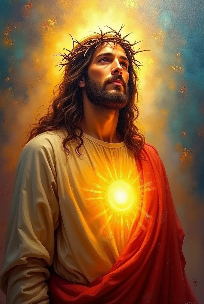 Art painting, impresionism Jesus christ, glowing, backlight, kharisma, mahkota duri