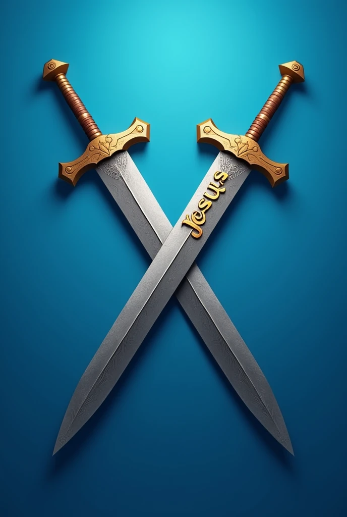 Two Swords Crossed Without Hands, blue color , with gray and silver , written Jesus on the blade with gold fire