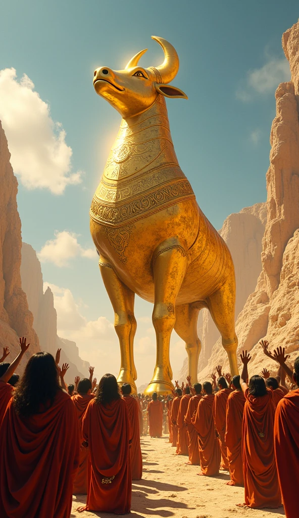 The Golden Calf is Made Description: The golden calf is ready and the Israelites begin to worship and offer sacrifices to it.
imagery: The golden calf being worshipped, people dancing and making offerings.