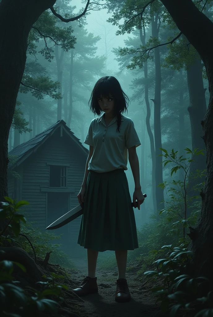 A girl with a knife in her hand in a dark forest with a hut  
 