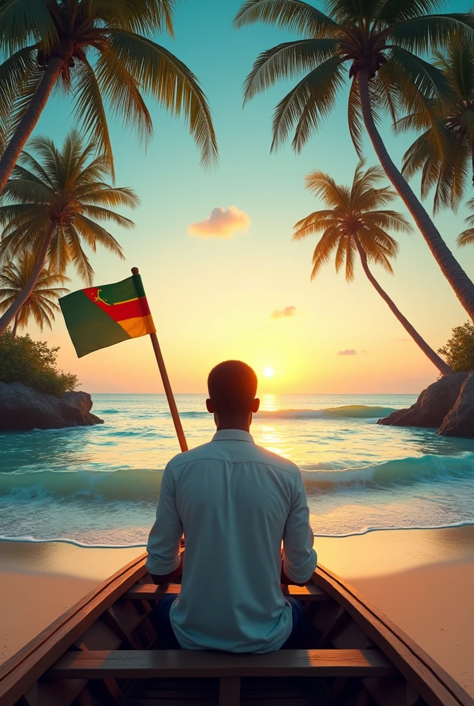 A young black man in a white shirt rolled up at the sleeves, is on the beach sitting in a wooden boat watching the sunrise. The flag of Mozambique is raised on the boat and there are palm trees all around and the waves of the sea move loudly., its clear and resplendent blue in a cinematic setting.