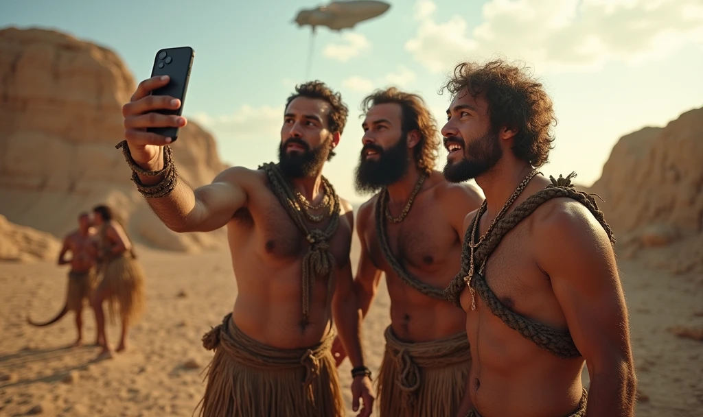 group of cavemen friends 100 years ago.000 years ago, holding a smartphone and taking a selfie, dinosaurs in the background, iphone-15, spaceship alien in the sky