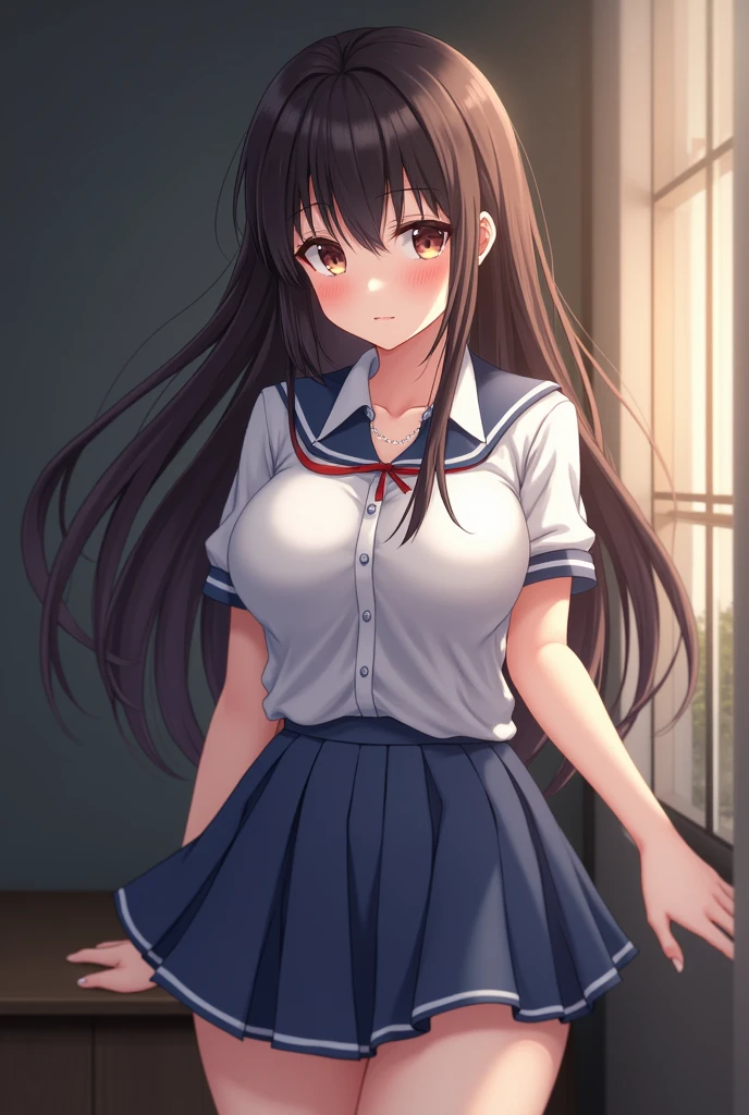 1girl, Solo, Long Hair, High Rresolution, Breasts, in school uniform small blue scart white breast reviling shirt, big round boobs,seducing looking