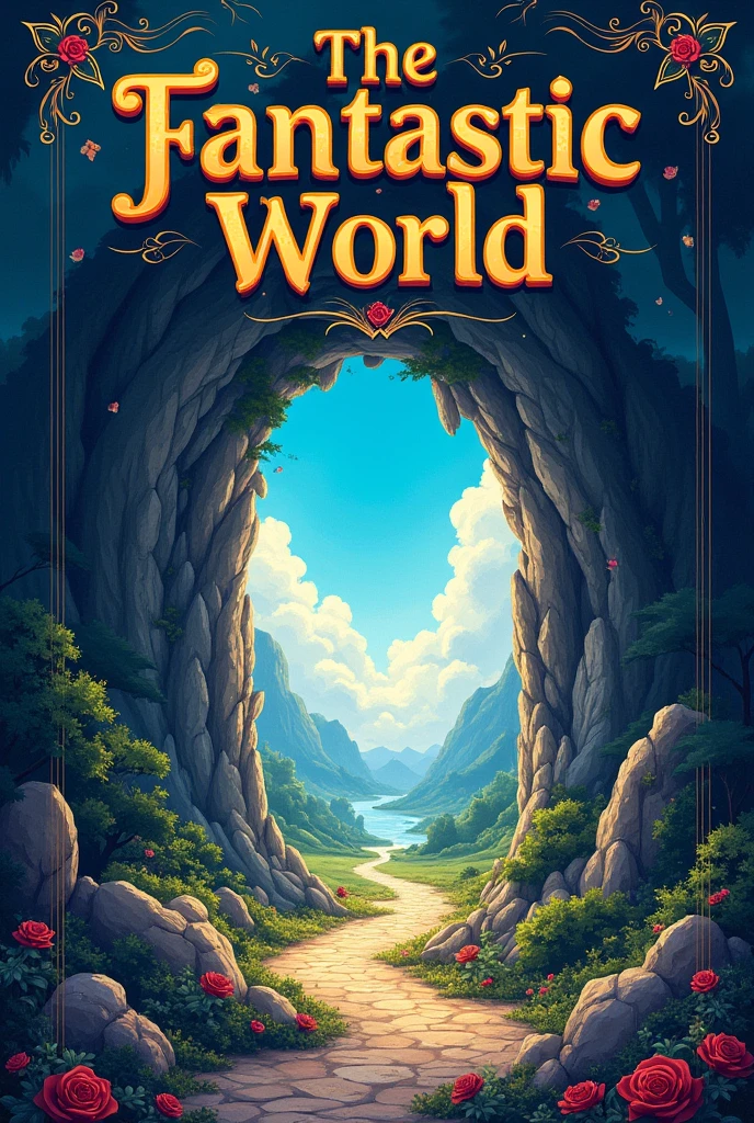 Book cover with the title "the fantastic world" com lettering, with the illustration of an opening portals