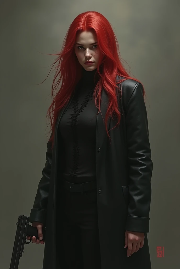one , with long red hair, com one pistola na outra mão