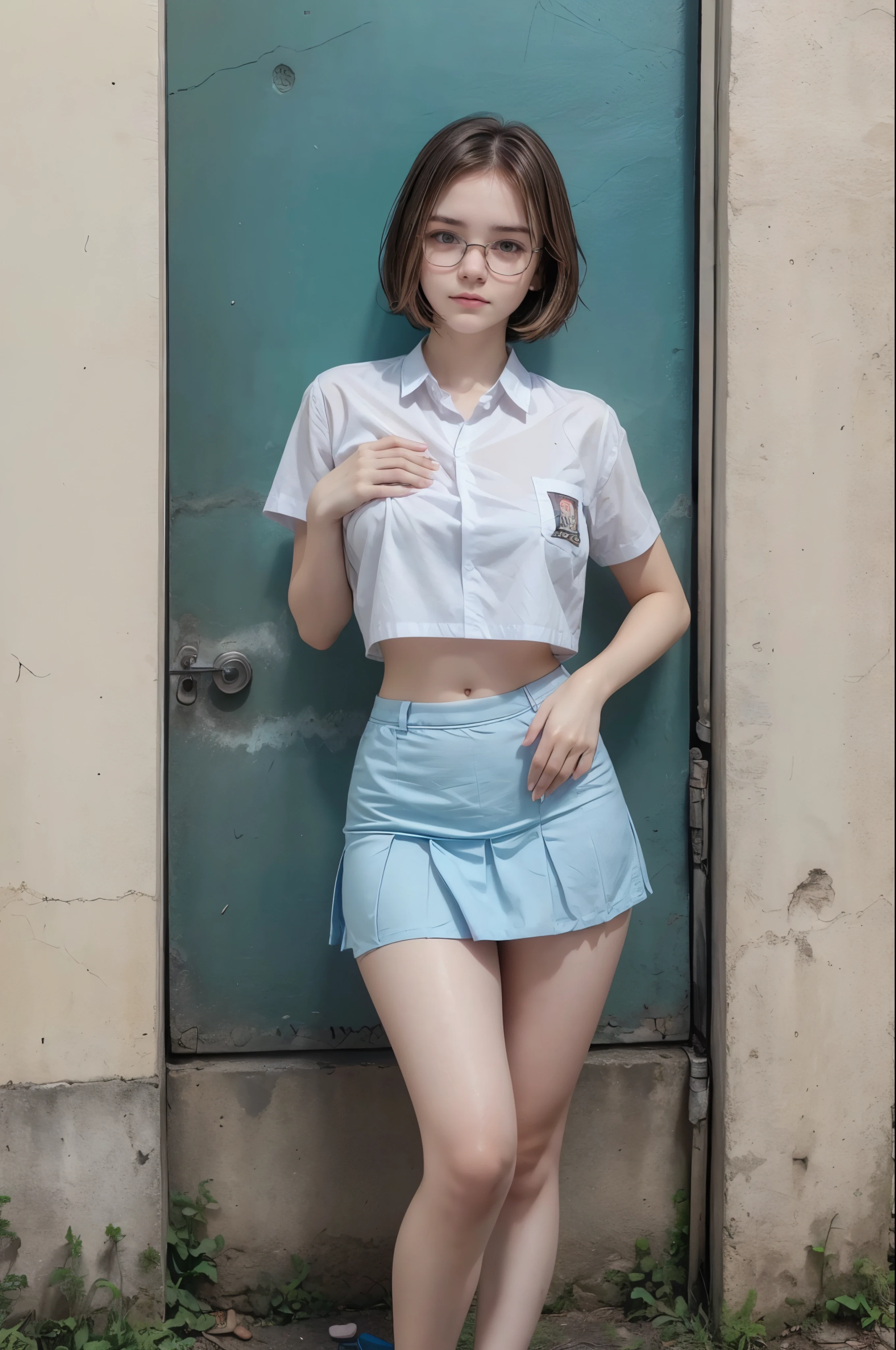 1 girl, (((at park))), (transparent white shirt), (wet shirt), (mini skirt), (pastel blue skirt), RAW photo, (photorealistic:1.37, realistic), highly detailed CG unified 8K wallpapers, 1girl, ((slender body:1)), (small breasts:1.3), looking at viewer, ((straight from front)), (HQ skin:1.2), (clean skin:1.2), 8k uhd, dslr, soft lighting, high quality, film grain, Fujifilm XT3, (full body:0.8) , tokyolagii , (bold glasses), full body in, perfect body, two legs, long legs, naval, (wide waist:1.2), (big tigh:1.3), crop top, (cleavage:0.7), sad, blushing, short hair, Barbara Palvin, school backyard, againts a cement wall, plants