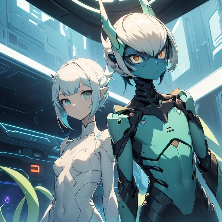 Absurdres,Impressionism, Abstractionism, Anime Style, Chaos, Character Design, Surrealism, HD, Best Quality, Masterpiece, High Details, High Resolution., alone solo Amorphous alien creature, “Lovecraftian aesthetic”
{{(1Alien amorphous creature alien plantlike non-humanoid alien voyager:(androginous gender, two rounded heads, light-blue two short elastic necks, blue two left arms with green pincers, blue two right arms with green pincers, six blue chain-like-tentacles, six pale-white eyes on each head, six pale-white eyes in the body torso, greyish-blue block-like body torso),(innexpressive, wise behaviour, intelligent and wisdom demeanor, standing still but vigilant, investigating its own registers at the ship),(colorful space biomechanic-base interior, green rounded-cocoon computers, orange walls around the base, silver-white enlighted surrounding, giant windows with blue sky view))}}