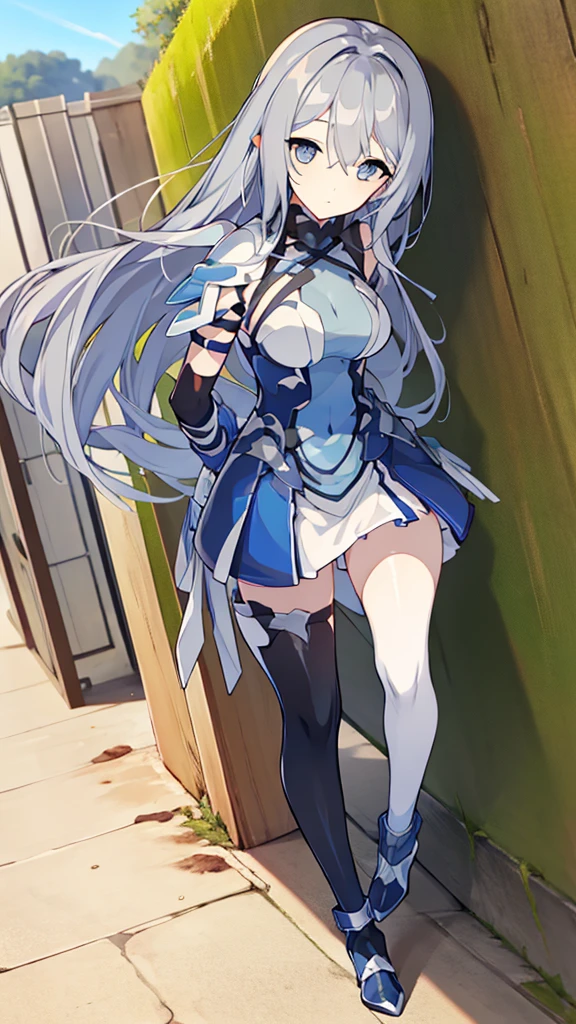 ((full body)), Girls in Anime, Blue and grey metal armor, Blue hand and thigh accessories, Short dark blue-gray hair, hair accessory, Grey Eyes, Silver earrings, nose, Curious, Healthy Skin, Very dirty, head, shoulder, Small box, arms, Have a map, Narrow waist, feet, Medium thighs, Has black robotic legs, cute, Bright colors on the shirt, Futuristic marble white palace, Shining light in the sky, Stand next to a wall, Cinematic Light, High resolution, Highest quality, Super detailed, Detailed face, (Detailed eyes), Highest quality, Super detailed, masterpiece, (Detailed face), Beautiful face, feetを見せて, Long Hair