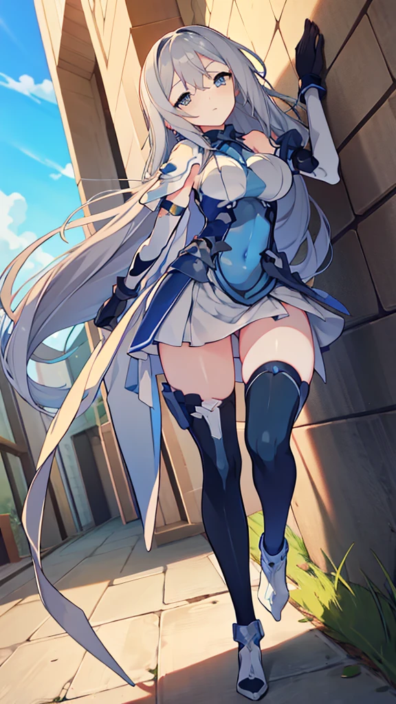 ((full body)),Teenage Girls in Anime, Blue and grey metal armor, Blue hand and thigh accessories, Short dark blue-gray hair, hair accessory, Grey Eyes, Silver earrings, nose, Curious, Healthy Skin, Very dirty, head, shoulder, Small box, arms, Have a map, Narrow waist, feet, Medium thighs, Has black robotic legs, cute, Bright colors on the shirt, Futuristic marble white palace, Shining light in the sky, Stand next to a wall, Cinematic Light, High resolution, Highest quality, Super detailed, Detailed face, (Detailed eyes), Highest quality, Super detailed, masterpiece, (Detailed face), Beautiful face, feetを見せて, Long Hair