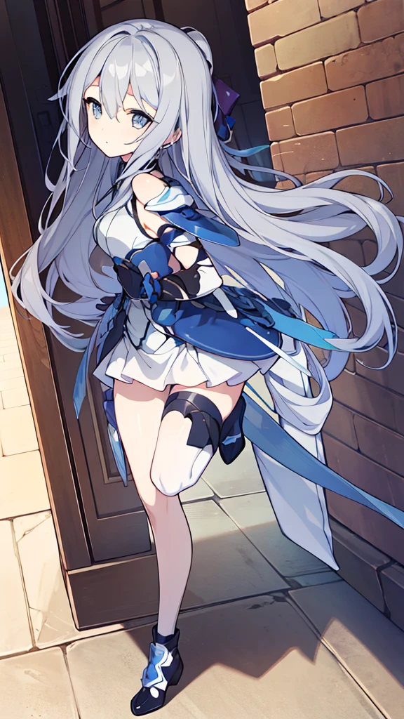 ((full body)),Teenage Girls in Anime, Blue and grey metal armor, Blue hand and thigh accessories, Short dark blue-gray hair, hair accessory, Grey Eyes, Silver earrings, nose, Curious, Healthy Skin, Very dirty, head, shoulder, Small box, arms, Have a map, Narrow waist, feet, Medium thighs, Has black robotic legs, cute, Bright colors on the shirt, Futuristic marble white palace, Shining light in the sky, Stand next to a wall, Cinematic Light, High resolution, Highest quality, Super detailed, Detailed face, (Detailed eyes), Highest quality, Super detailed, masterpiece, (Detailed face), Beautiful face, feetを見せて, Long Hair