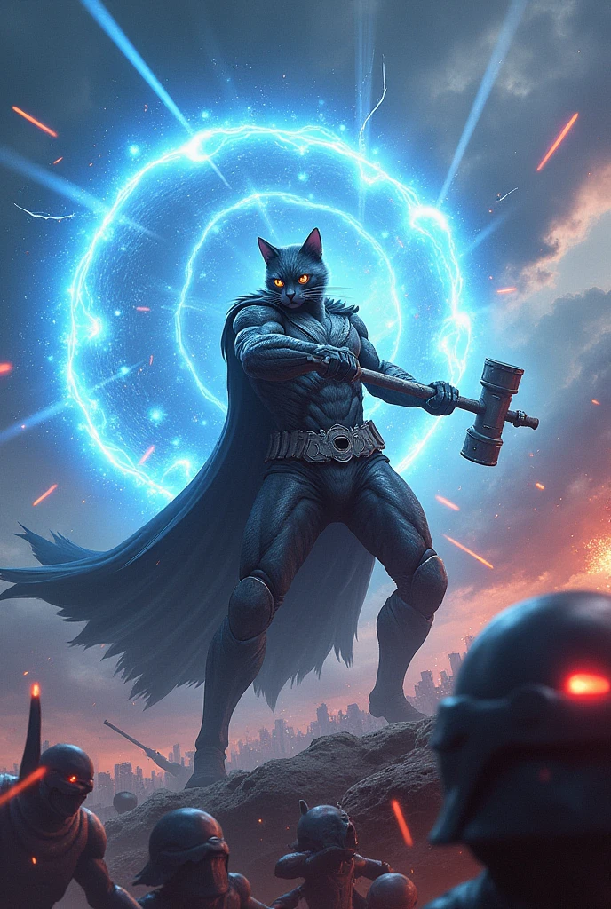 *Scene 10: Thorcat Fighting Aliens**
- Thorcat is mid-battle, swinging Mjolnir at an alien, sending a blue shockwave. Aliens recoil from the force, and the sky is filled with laser beams and energy blasts.