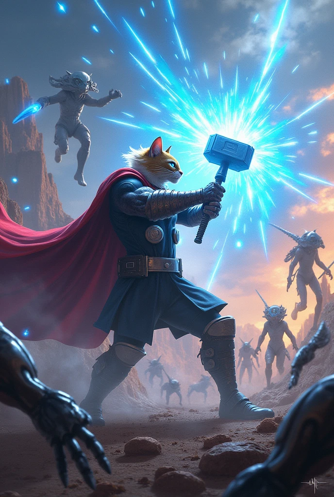 **Scene 9: Thorcat Faces Aliens**
- Thorcat faces off against giant, monstrous aliens with glowing eyes and menacing fangs. Thorcat stands tall and brave, hammer raised, ready for battle. The alien landscape is futuristic and eerie.