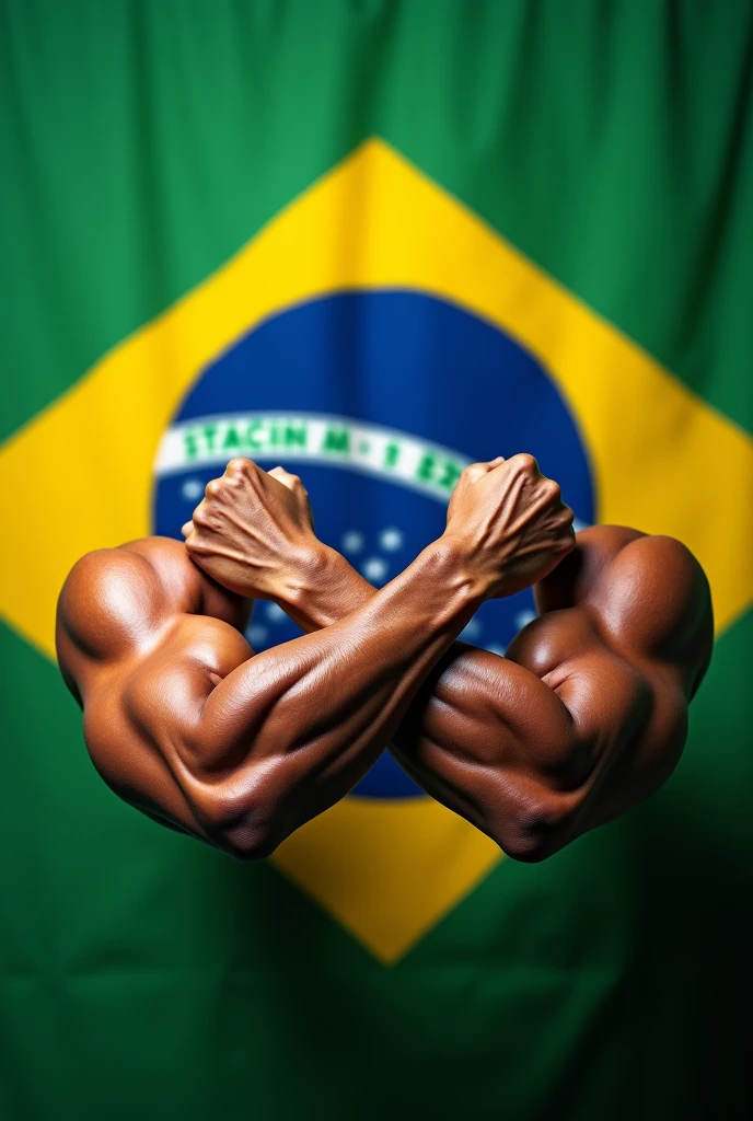 Create a photo of arms crossed in an X shape with the Brazilian flag in the background.
