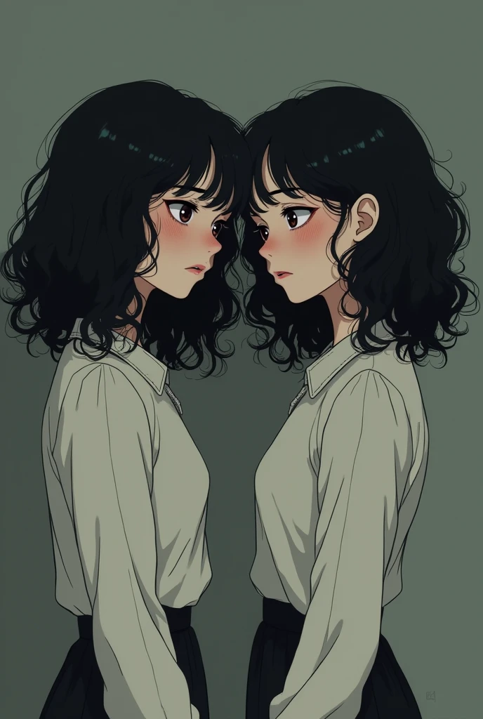 2 woman who is pretty , have black curly hair and the hair reaches a little below the shoulders , be cute and be an anime but at the same time look tired and with many dark circles and be skinny not curvy open your eyes don't sexualize her so much nooooooooo I want to see her full body