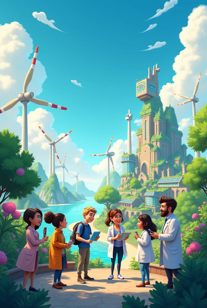 Design a vibrant and enchanting poster in a Disney-inspired art style with the theme 'Science, Technology, and Innovation: Partners for a Stable, Comfortable, and Secure Future.' The poster should feature animated, whimsical characters as diverse scientists, engineers, and inventors. Include elements like charming wind turbines, solar panels, and a futuristic, fairytale-like city with eco-friendly architecture. turbines, solar panels, and a smart city with eco-friendly buildings. Show scientists and engineers working together, with diverse individuals using technology, like tablets or robots. Include elements like plants, trees, and clean water to symbolize environmental sustainability. Make the scene look hopeful and forward-looking, with bright colors and a clear blue sky, conveying a sense of progress and innovation leading to a better, greener future."