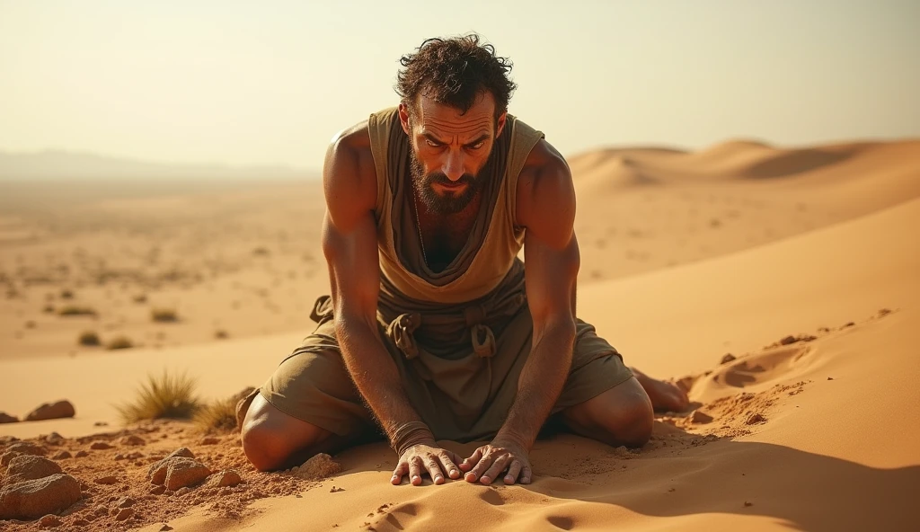 Create a realistic image wher :A man in the middle of a desert, sweating and exhausted, kneeling down but gripping the earth with both hands, symbolizing drained strength but holding on to hope.