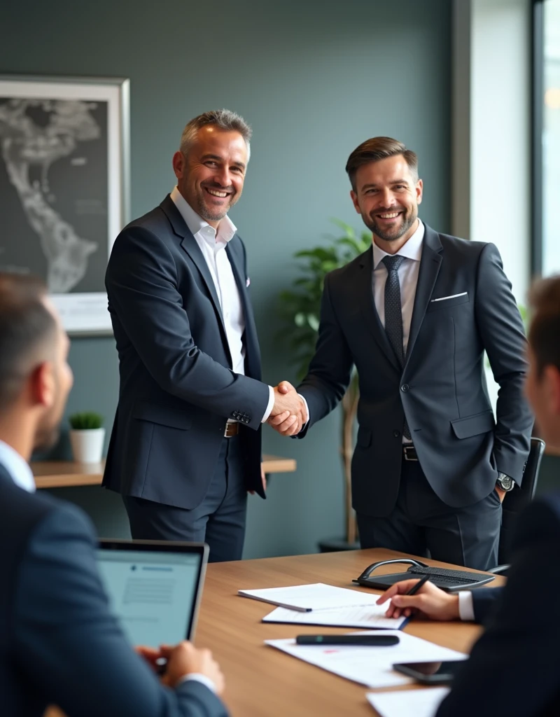 A professional and realistic image depicting a reliable employer engaged in a strong partnership. The scene features a formal business meeting in a modern conference room, where representatives from the company and a partner organization are shaking hands or signing a partnership agreement. The environment is corporate, with company logos, documents, and laptops on the table, indicating a serious and professional collaboration. The employees and partners are dressed in business attire, with a positive and confident demeanor, emphasizing trust, reliability, and mutual success. The overall atmosphere conveys the stability and credibility of the employer through this important partnership.