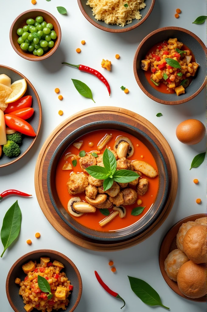 Help me create a beautiful combination food menu image with Tom Yum Pork with Mushrooms in the center. You can follow these steps.:
Select background: ควรSelect backgroundที่เรียบง่าย เช่น สีขาวหรือสีอ่อน เพื่อไม่ให้แย่งความสนใจจากอาหาร
จัดวางต้มยำหมู: Place the pork tom yum dish in the center of the picture, with good lighting to make it look interesting. Add other menus.: Place the plate of crushed mackerel and vegetables., Stir-fried morning glory, Arrange palm cakes and mixed fruits around the pork tom yum soup, leaving a moderate distance to avoid crowding. Decorate the picture.: Use light decorations, such as basil leaves or chili peppers, to add vibrancy to the image. Use light and shadow.: Adjust the lighting and shadows to make the image look more dimensional and interesting. Check the balance.: Make sure that every dish has the right proportions and that no dish stands out too much.