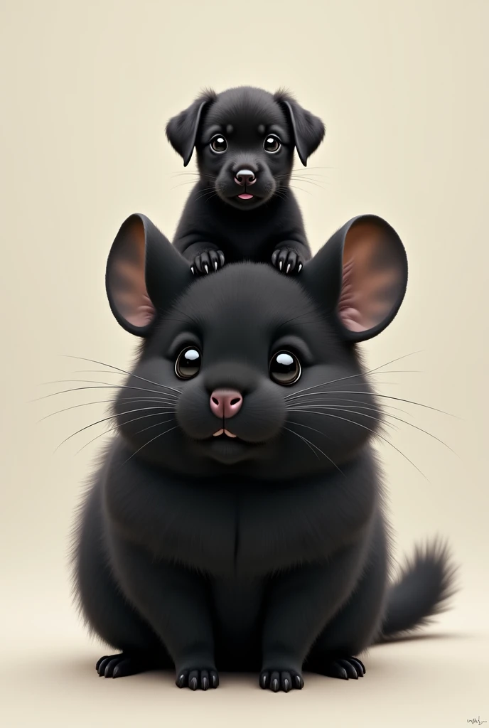 A black chinchilla with a miniature black labrador on its head