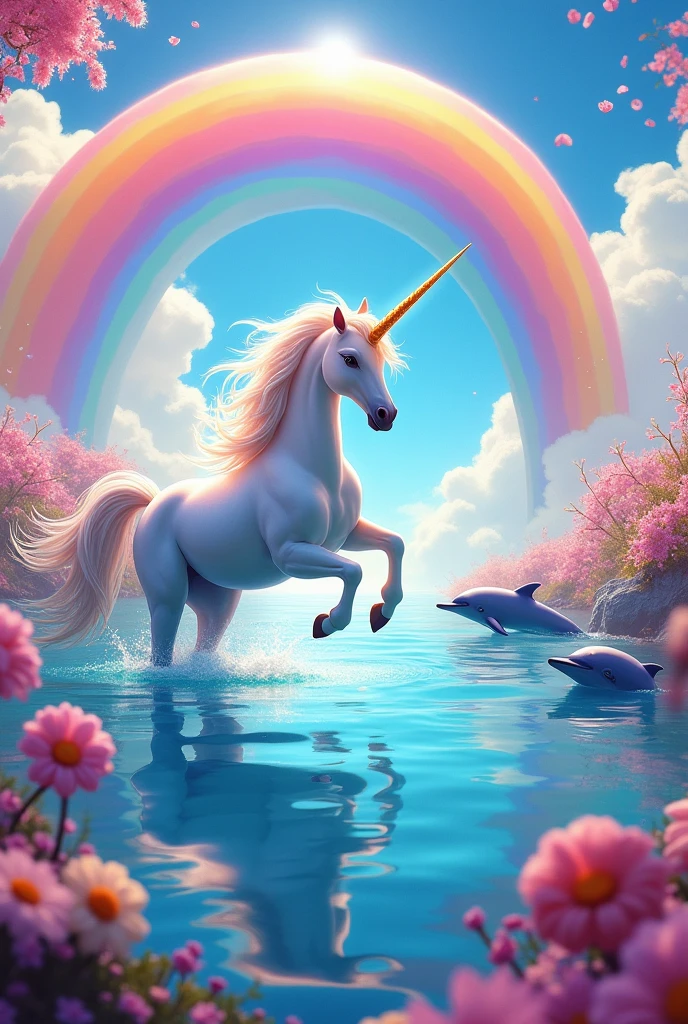a unicorn with dolphins and a rainbow with candy,very colorful
