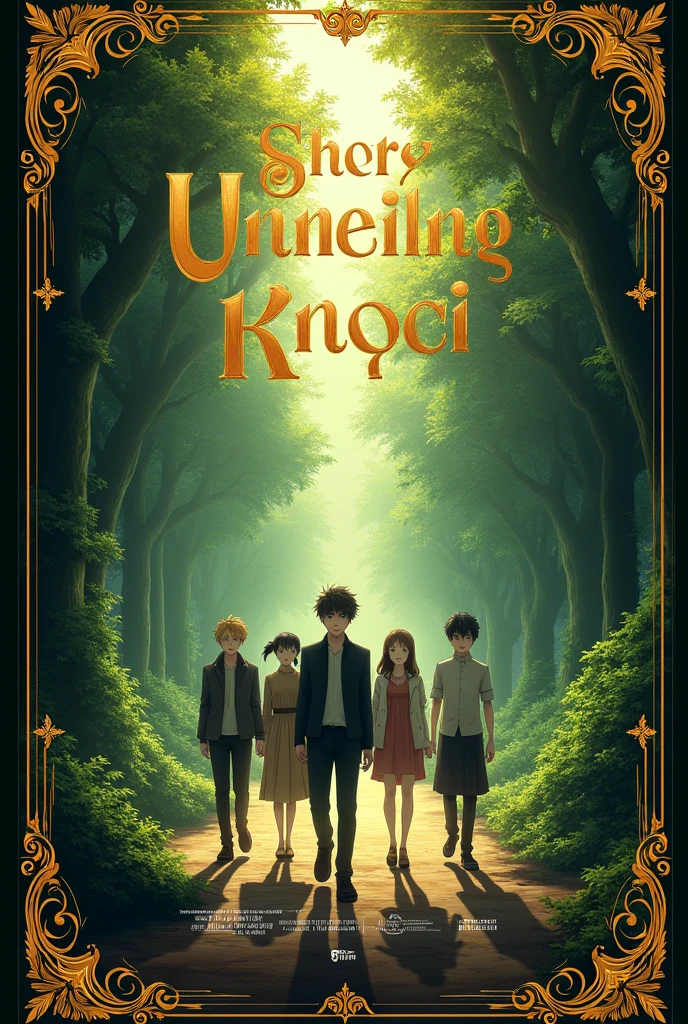 a movie poster with a transversely way and the title "Unveiling another world", intricately designed fantasy and anime as the central element, set against a rich, fantasy world background that subtly gradient-shifts to a green forest undertone, with the golden lettering in a bold, art deco-inspired font with subtle ornamentation, the metallic hue radiating a sense of luxury and sophistication, as if lit by a soft, cinematic spotlight, the entire design exuding opulence and whimsy, evoking mesmerizing picture. Using Hinata Shoyo, kageyama Tobio, tsukishima Kei, Yamaguchi Tadashi and Yachi hitoka as the main characters in this poster.